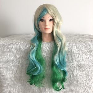 Synthetic fiber wig ombré gold blue green